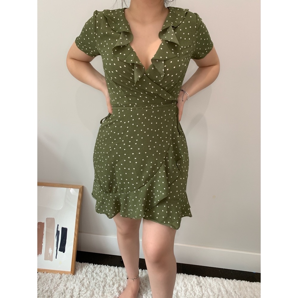 olive green white polka dot wrap around mini dress